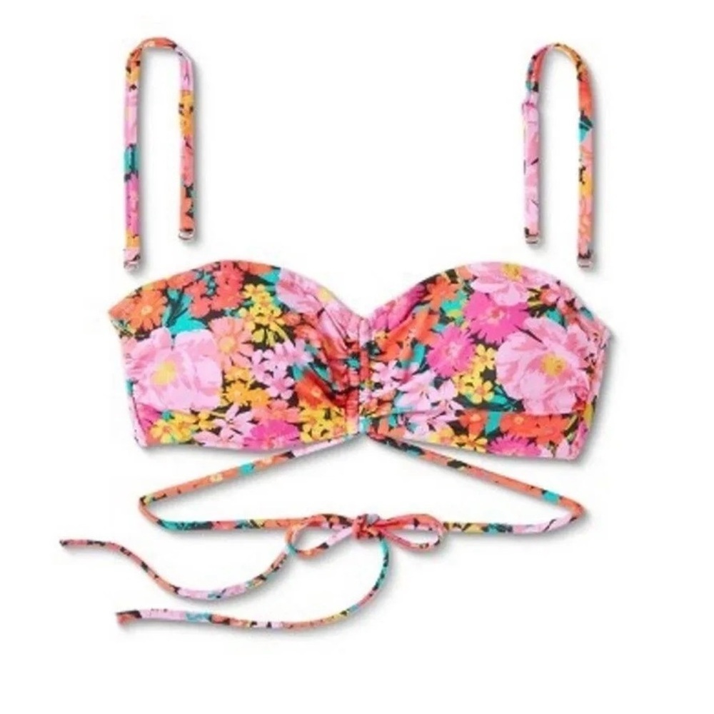Shade & Shore Medium 34B Multi Floral Underwire Strappy Bandeau Bikini Swim Top